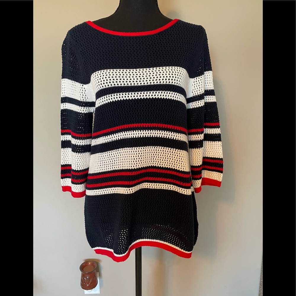 Sisters Woman’s Red, blue and white Summer Sweater with 3/4 sleeves